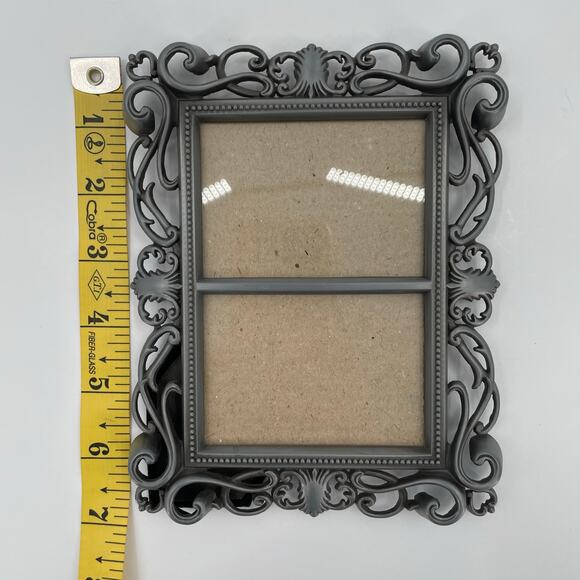 Double Photo Frame, Metal, Pewter Color, Ornate Scroll, 2 1/4” X 3 1/4” Ea. Side - Picture 7 of 7